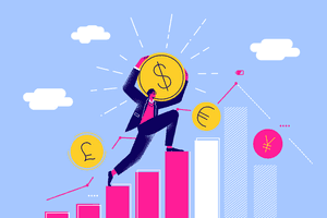 Biểu đồ tăng trưởng tài chính với người đang leo lên, tượng trưng cho cơ hội và sự phát triển trong tương lai của ngành công nghệ.