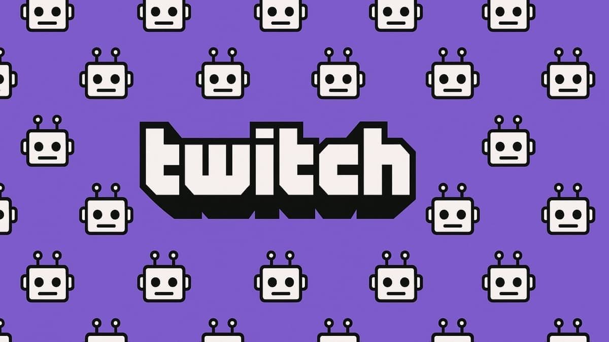 Biểu tượng Twitch với các robot xung quanh, minh họa vấn nạn viewbot và lượt xem ảo.