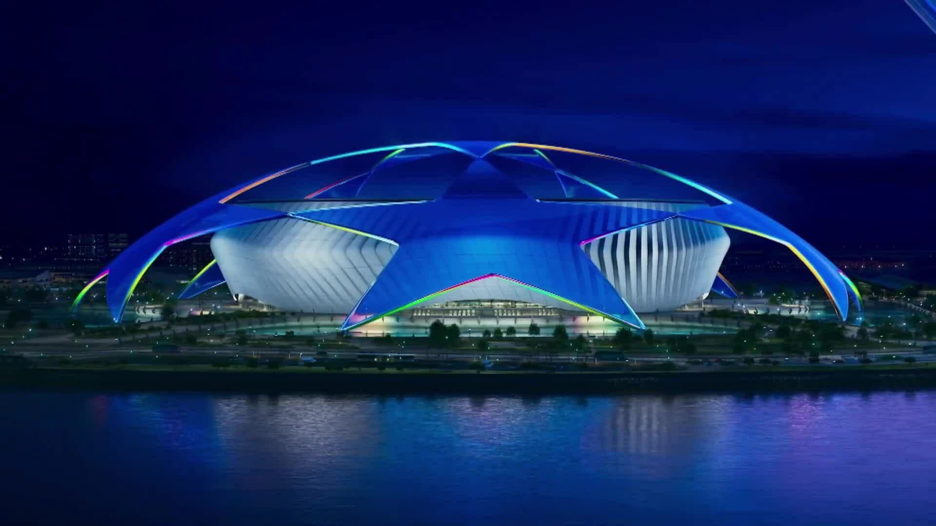 Biểu tượng UEFA Champions League tại sân vận động, nhấn mạnh tầm quan trọng của chiều sâu đội hình tại đấu trường châu Âu.