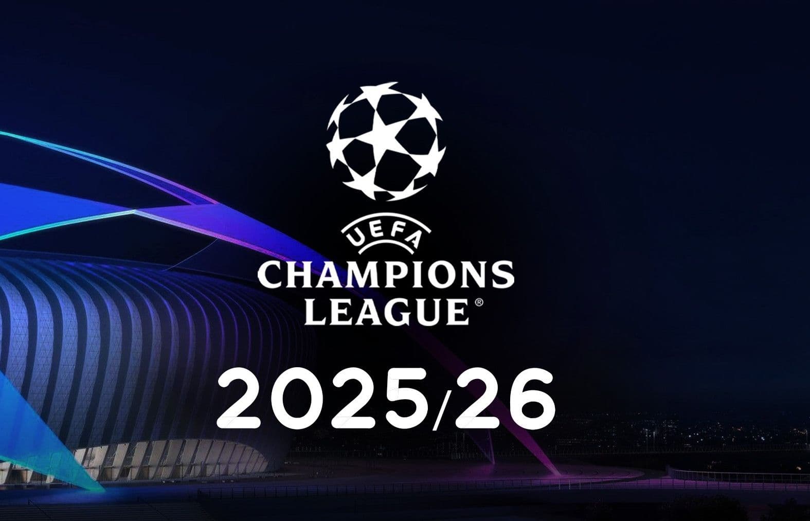 Biểu tượng UEFA Champions League và sân vận động, tượng trưng cho các kết quả bóng đá toàn cầu và định mệnh của các câu lạc bộ.