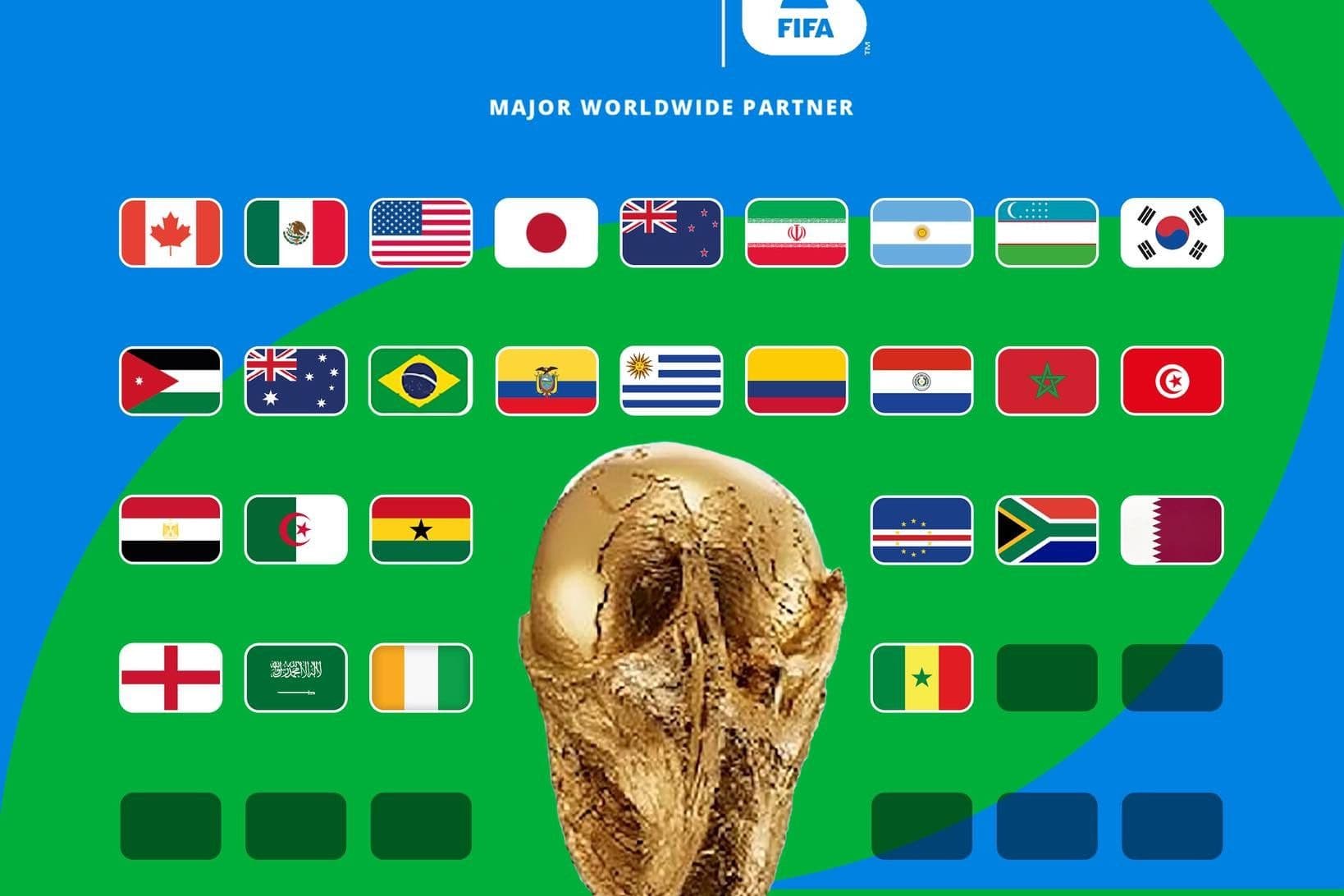 Biểu tượng World Cup 2026 và cờ các quốc gia tham dự.
