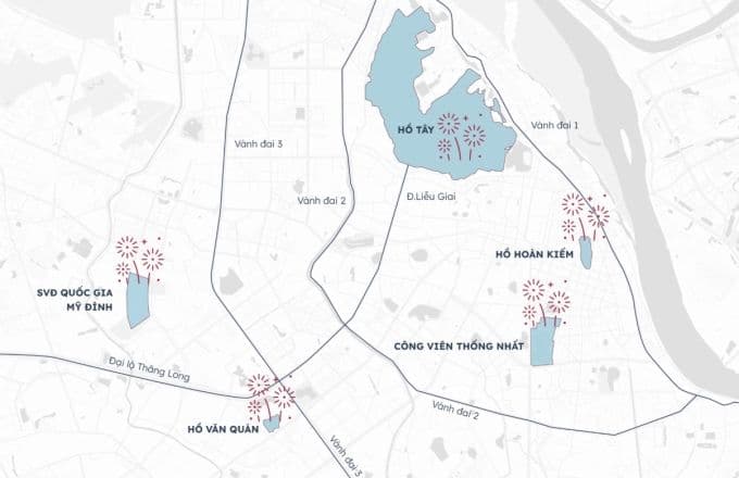 Bản đồ các điểm bắn pháo hoa tầm cao tại Hà Nội dịp Quốc khánh 2/9, bao gồm Hồ Hoàn Kiếm, Hồ Tây, Sân vận động Mỹ Đình, Công viên Thống Nhất và Hồ Văn Quán.
