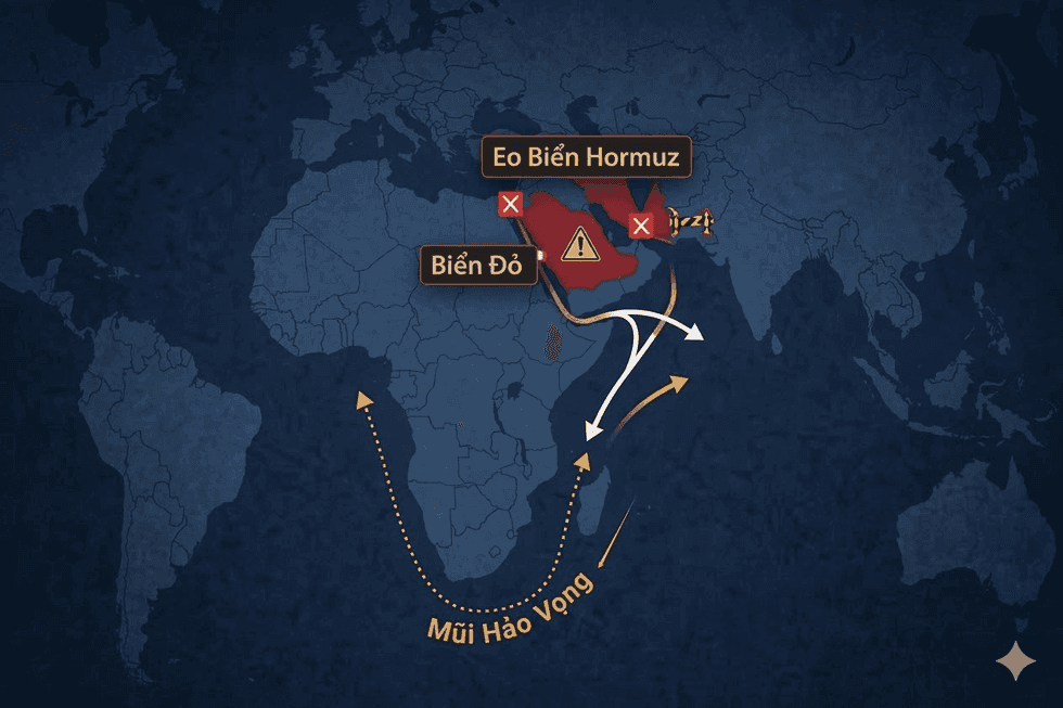 Bản đồ các tuyến đường vận chuyển dầu mỏ toàn cầu, nhấn mạnh Eo biển Hormuz và Mũi Hảo Vọng