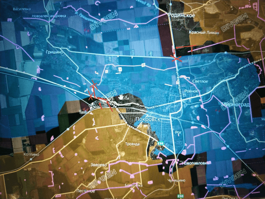 Bản đồ chi tiết khu vực Pokrovsk, Ukraine, cho thấy các tuyến đường và vùng kiểm soát, minh họa chiến thuật 'nồi hầm' của Nga.