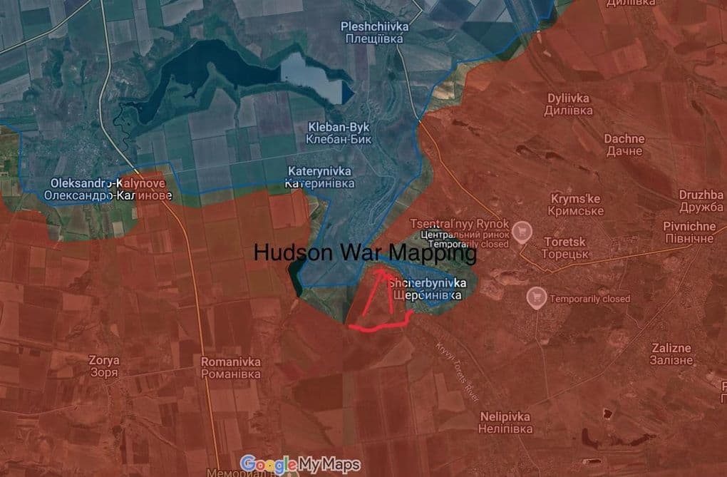 Bản đồ chiến sự phía Đông Ukraine, thể hiện các mũi tiến công của Nga quanh Pokrovsk và Konstantinovka.