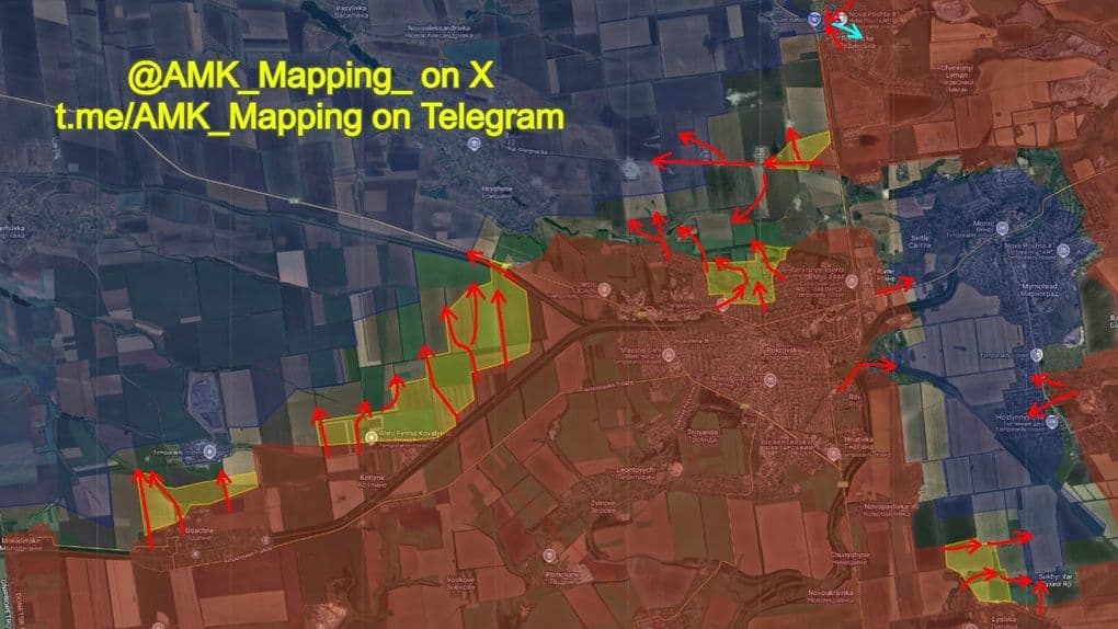 Bản đồ chiến sự thể hiện áp lực bao vây quanh Mirnograd và các vị trí trọng yếu khác của Ukraine.
