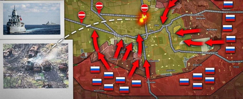 Bản đồ chiến sự Ukraine với các mũi tiến công của Nga và hình ảnh xe cộ bị phá hủy, thể hiện cục diện chiến trường thay đổi và tổn thất của Kiev.