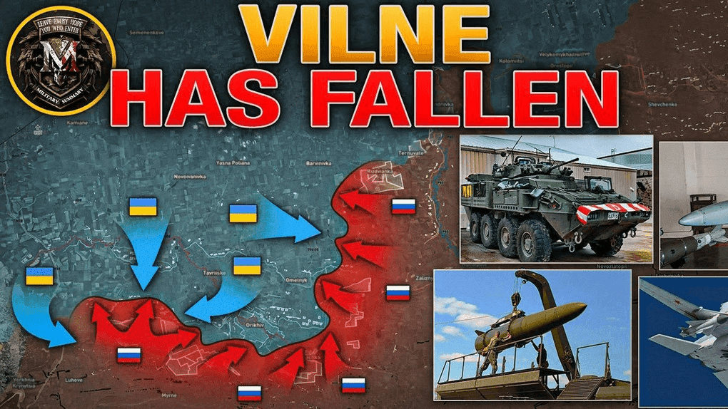 Bản đồ chiến sự Ukraine với thông báo "VILNE HAS FALLEN" và các hình ảnh khí tài quân sự, minh họa vị thế tiền tuyến của Ukraine trên bàn cờ toàn cầu.