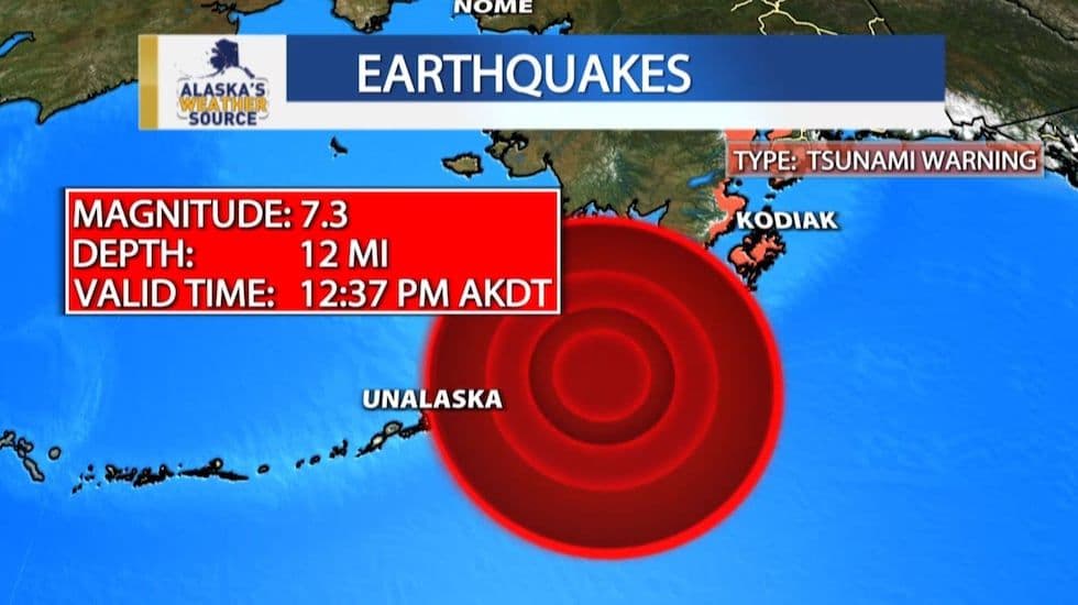 Bản đồ cảnh báo động đất và sóng thần tại Alaska với tâm chấn 7.3 độ richter gần Sand Point.