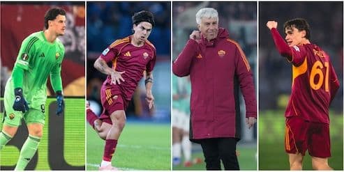 Bốn cầu thủ và huấn luyện viên của AS Roma, bao gồm tài năng trẻ Pisilli, thể hiện sức mạnh đội hình.
