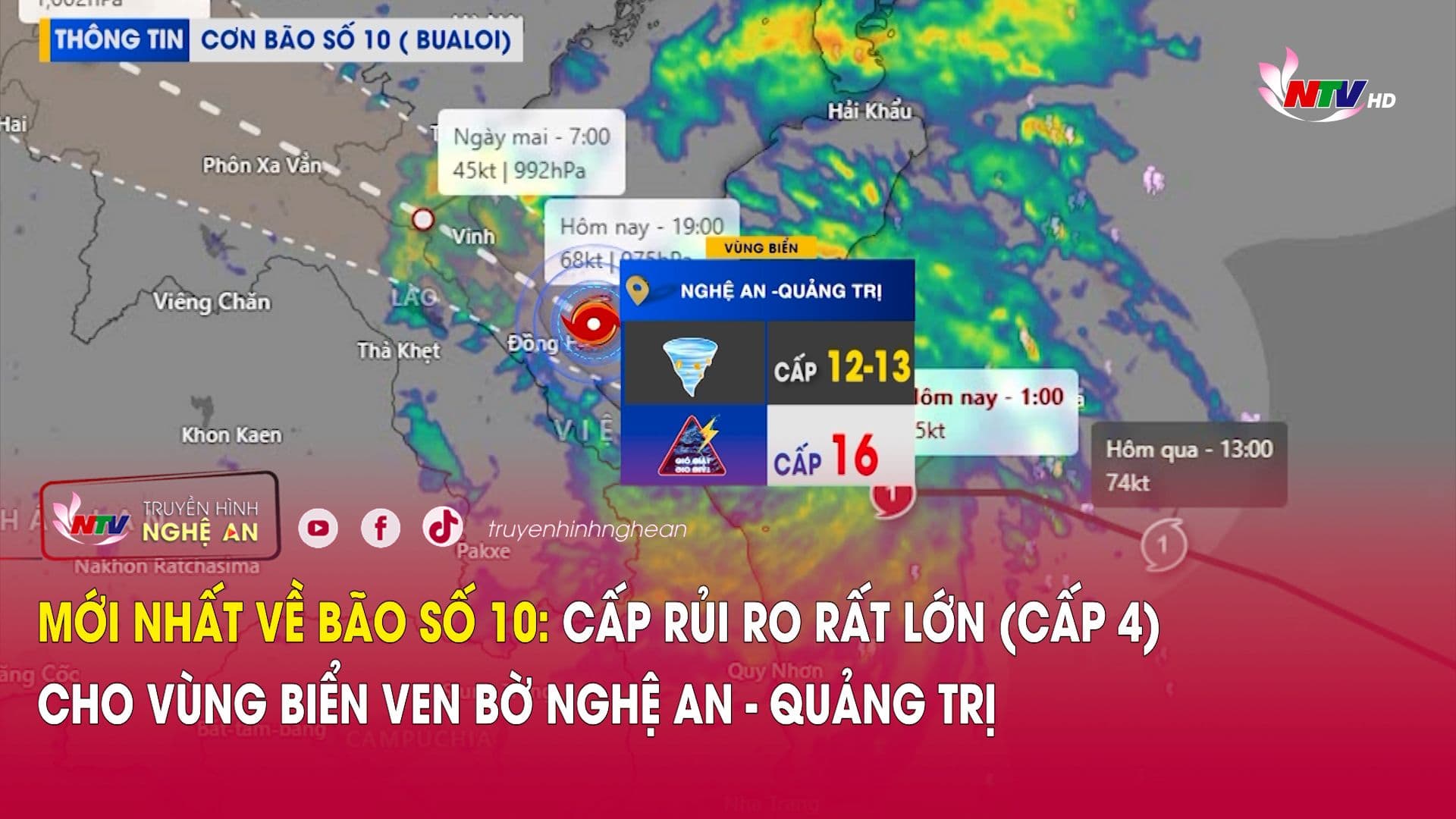 Bản đồ dự báo bão số 10 với cấp độ rủi ro rất lớn cho vùng biển Nghệ An - Quảng Trị.