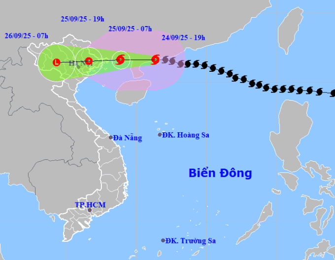 Bản đồ dự báo hướng di chuyển và vùng ảnh hưởng của bão Ragasa vào tối 24/9 và các ngày tiếp theo.
