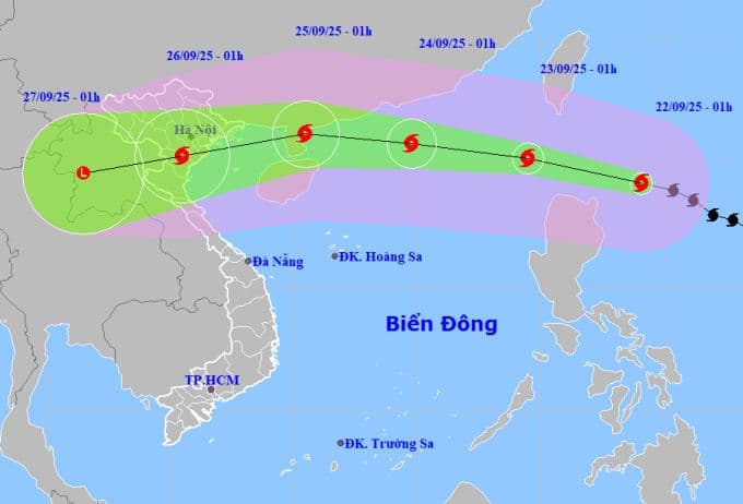 Bản đồ dự báo hướng đi của siêu bão Ragasa, cho thấy các tỉnh duyên hải miền Bắc – Trung Việt Nam sẽ chịu ảnh hưởng trực tiếp.