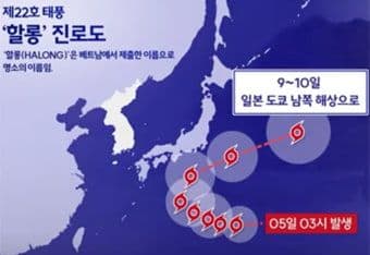 Bản đồ dự báo đường đi của bão số 22 'Halong' (Jebi) gần Nhật Bản và Hàn Quốc, minh họa kịch bản thời tiết biến động.