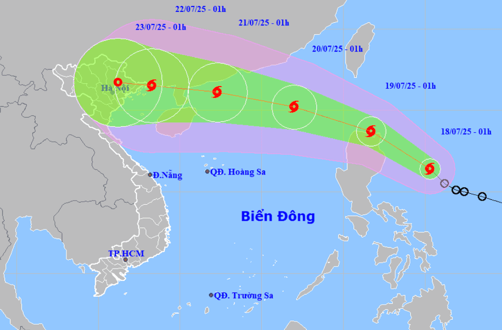 Bản đồ dự báo đường đi của bão Wipha trên Biển Đông hướng về Việt Nam