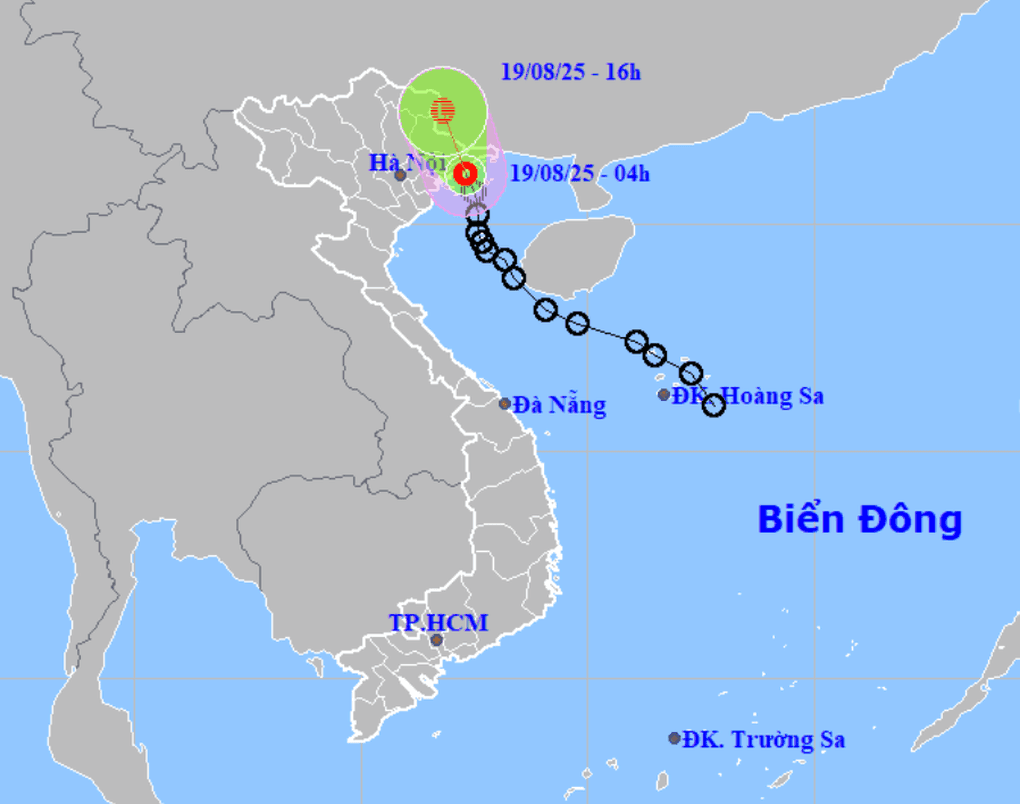 Bản đồ dự báo đường đi của áp thấp nhiệt đới ảnh hưởng đến vùng biển và đất liền Việt Nam, đặc biệt là Quảng Ninh - Hải Phòng.