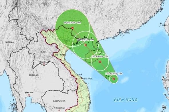 Bản đồ dự báo đường đi của áp thấp nhiệt đới trên Biển Đông hướng vào Vịnh Bắc Bộ.