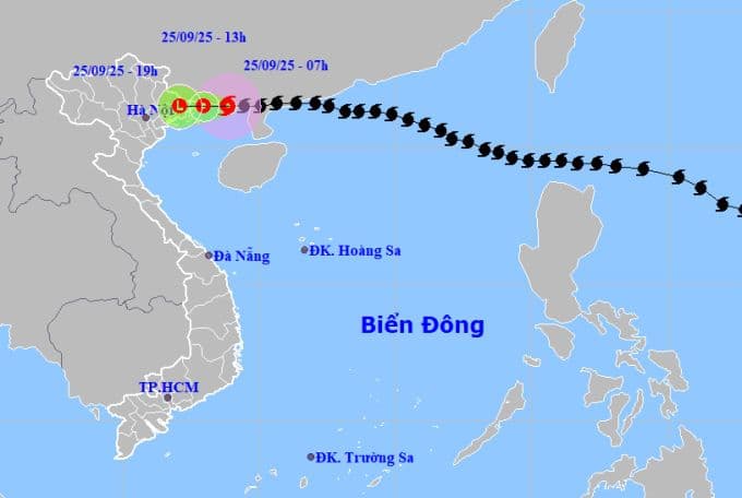 Bản đồ dự báo đường đi của siêu bão số 9 (Ragasa) đổ bộ vào các tỉnh ven biển phía Bắc Việt Nam.