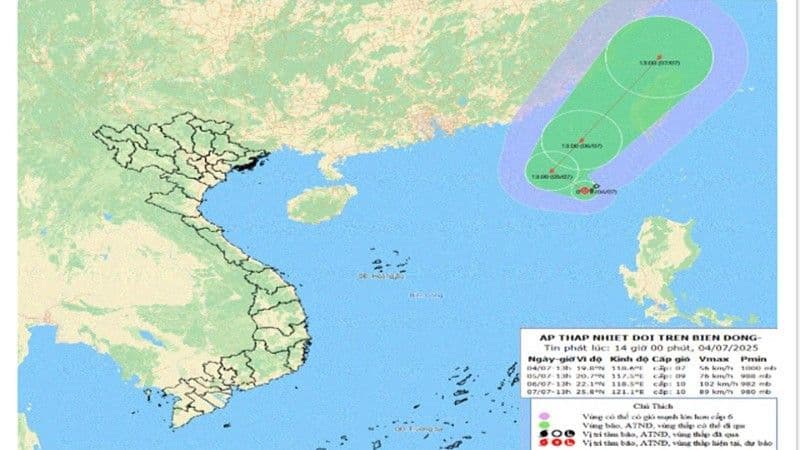 Bản đồ dự báo đường đi và cường độ của áp thấp nhiệt đới trên Biển Đông