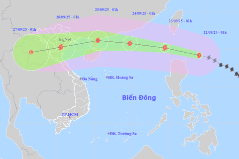 Bản đồ dự báo đường đi và khu vực ảnh hưởng của siêu bão Ragasa tại Việt Nam.