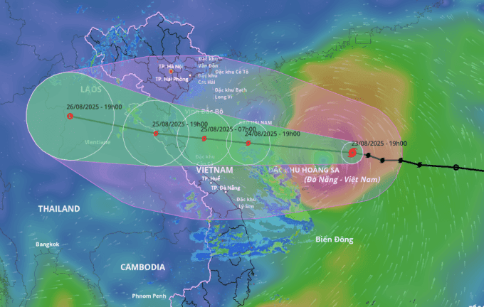 Bản đồ dự báo đường đi và vùng ảnh hưởng của bão Kajiki 2025 tại Biển Đông và Việt Nam.
