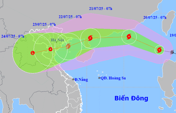 Bản đồ dự báo đường đi và vùng ảnh hưởng của bão Wipha, thể hiện đặc điểm bất thường của cơn bão.