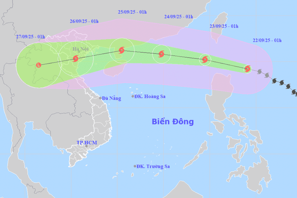 Bản đồ dự báo đường đi và vùng ảnh hưởng của siêu bão Ragasa trên Biển Đông và đất liền Việt Nam từ 22 đến 27/9/2025