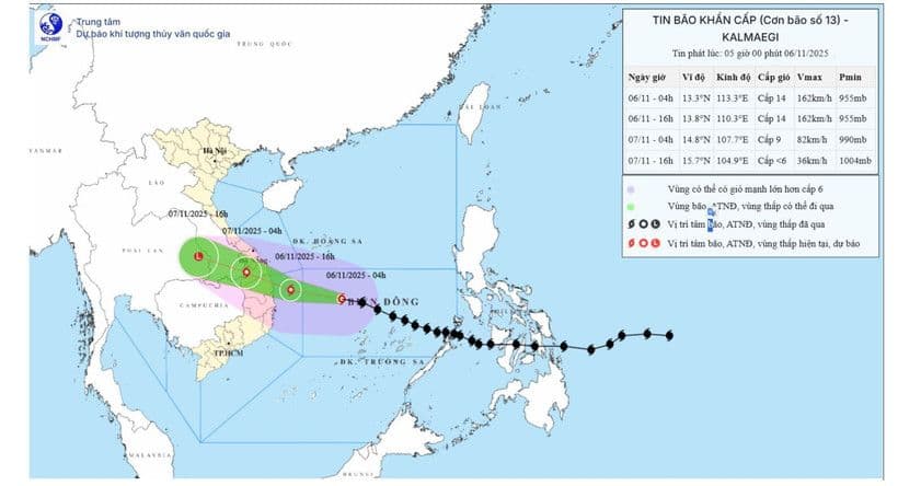 Bản đồ dự báo quỹ đạo và cường độ bão Kalmaegi đổ bộ vào Miền Trung Việt Nam.