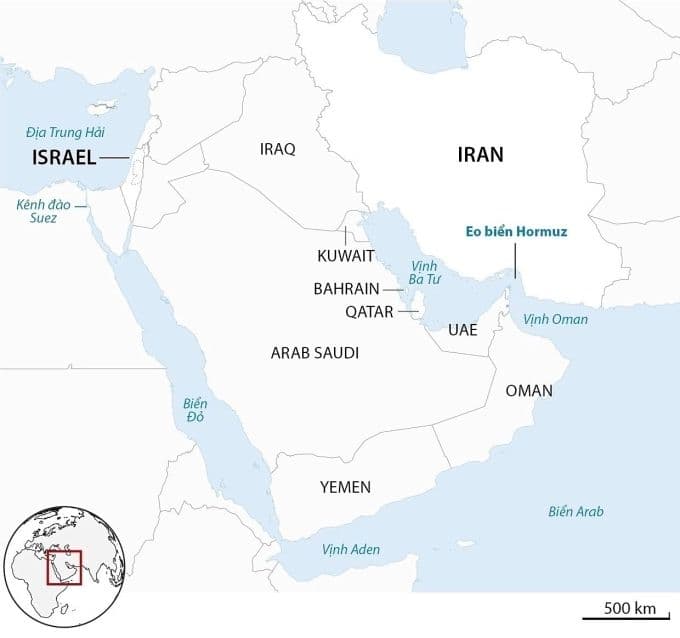 Bản đồ eo biển Hormuz và các quốc gia lân cận, minh họa vị trí chiến lược và tầm quan trọng của tuyến đường hàng hải
