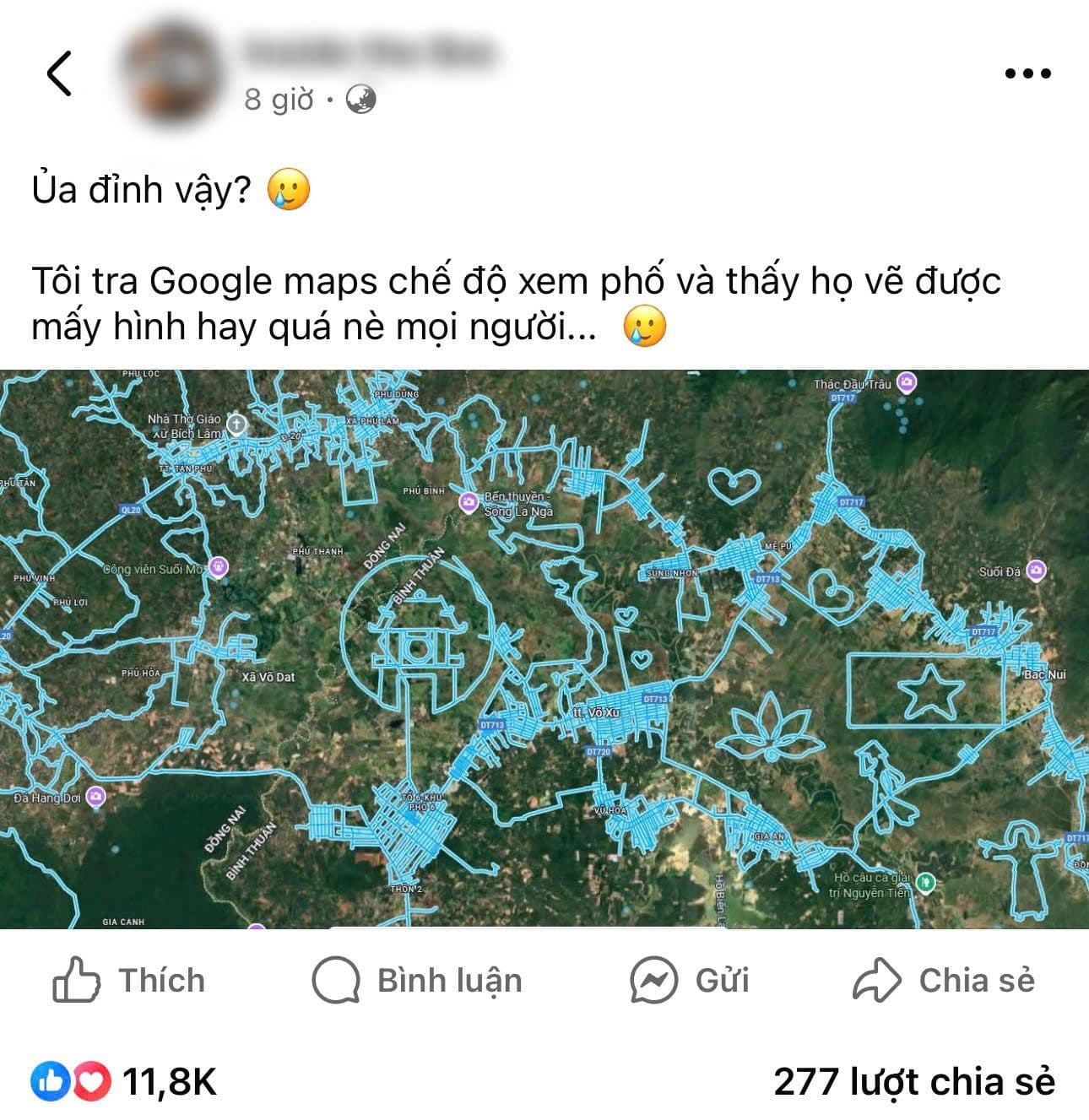 Bản đồ Google Maps hiển thị các hình vẽ biểu tượng văn hóa Việt Nam và giao diện mạng xã hội, minh họa xu hướng sáng tạo trên nền tảng này.