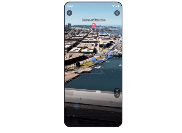 Bản đồ Google Maps với chế độ xem nhập vai (Immersive View) hiển thị chi tiết 3D của một thành phố.