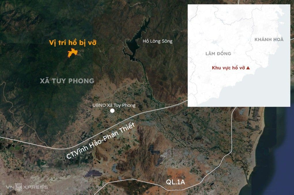 Bản đồ đồ họa chỉ rõ vị trí hồ chứa bị vỡ trên núi, gần khu dân cư xã Tuy Phong, Lâm Đồng.