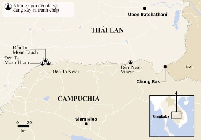 Bản đồ hiển thị vị trí các đền cổ tranh chấp như Ta Moan Thom và Preah Vihear trên biên giới Thái Lan - Campuchia.