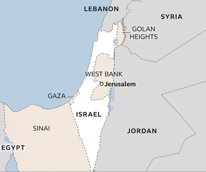 Bản đồ khu vực Israel, Bờ Tây, Dải Gaza và Đông Jerusalem, thể hiện lãnh thổ Palestine được công nhận.