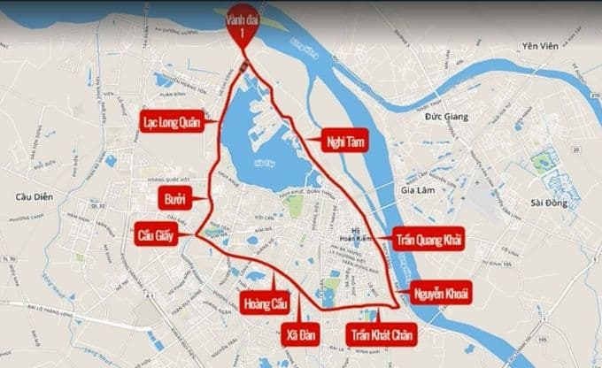 Bản đồ khu vực Vành đai 1 tại Hà Nội, nơi sẽ cấm xe máy chạy xăng.