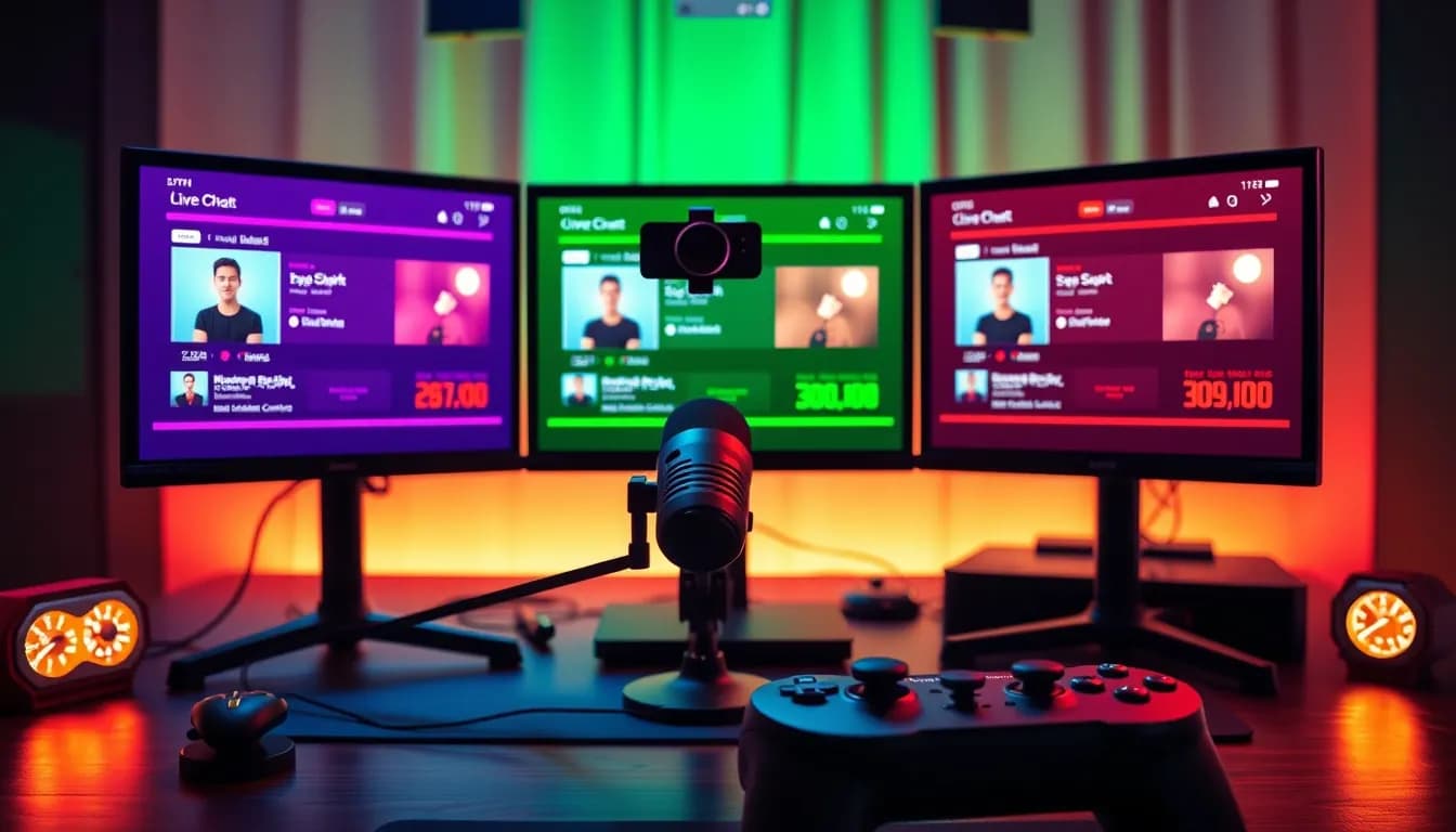 Bàn làm việc của streamer với ba màn hình hiển thị giao diện livestream của các nền tảng Twitch, Kick và YouTube Gaming, tượng trưng cho cuộc cạnh tranh khốc liệt trong ngành.