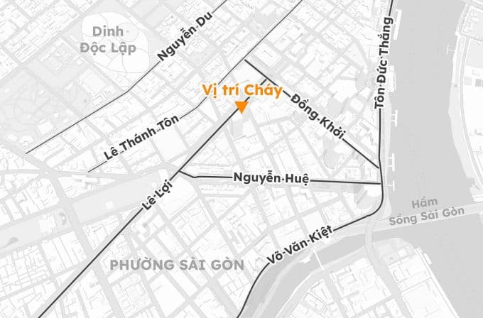 Bản đồ minh họa vị trí chính xác của vụ cháy tại trung tâm Takashimaya, Sài Gòn