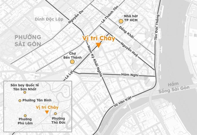 Bản đồ minh họa vị trí tòa nhà Saigon Centre nơi xảy ra vụ cháy ô tô.