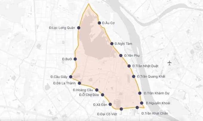 Bản đồ minh họa Vành đai 1 của Hà Nội, khu vực thí điểm vùng phát thải thấp.