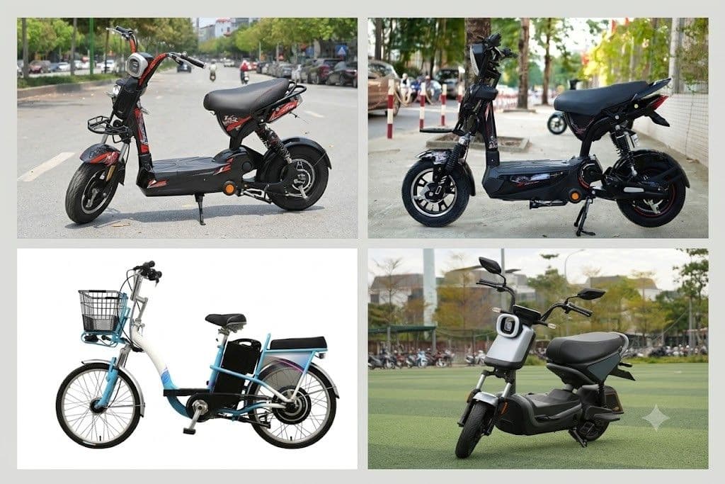 Bốn mẫu xe đạp điện và xe máy điện khác nhau, đại diện cho kỷ nguyên giao thông xanh và sự chuyển đổi sang phương tiện thân thiện môi trường.