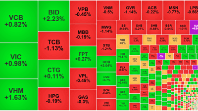 Bản đồ nhiệt thị trường chứng khoán cho thấy cổ phiếu VJC tăng giá nổi bật giữa các mã khác.
