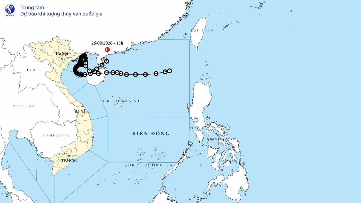 Bản đồ quỹ đạo dị thường của bão Narra trên Vịnh Bắc Bộ