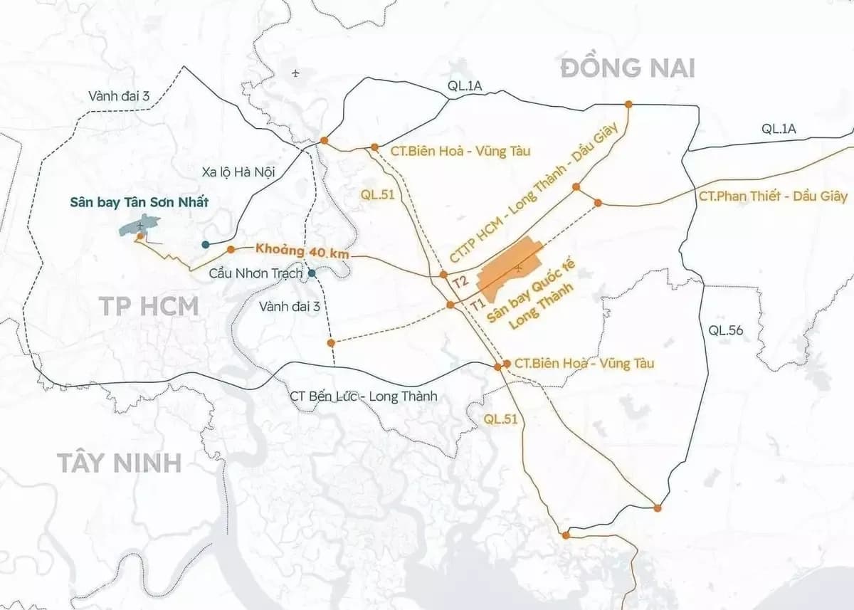Bản đồ quy hoạch các tuyến đường kết nối sân bay Long Thành với các khu vực lân cận như TP Hồ Chí Minh và Đồng Nai.
