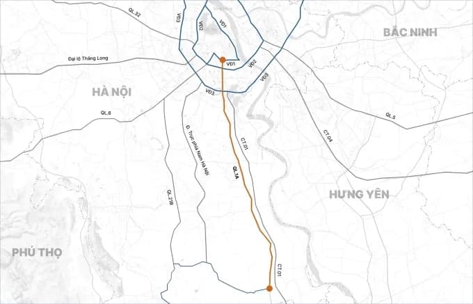 Bản đồ quy hoạch mở rộng Quốc lộ 1A qua Hà Nội, đoạn từ Vành đai 1 đến Cầu Giẽ, với lộ trình màu cam.