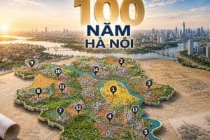 Bản đồ quy hoạch đô thị Hà Nội với tầm nhìn 100 năm, thể hiện định hướng phát triển bền vững và kiến trúc hài hòa trong tương lai.
