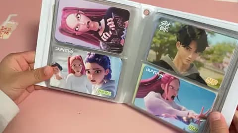Bàn tay một đứa trẻ đang giữ album đựng thẻ nhân vật Kpop Demon Hunters, minh chứng cho sức hút của phim.
