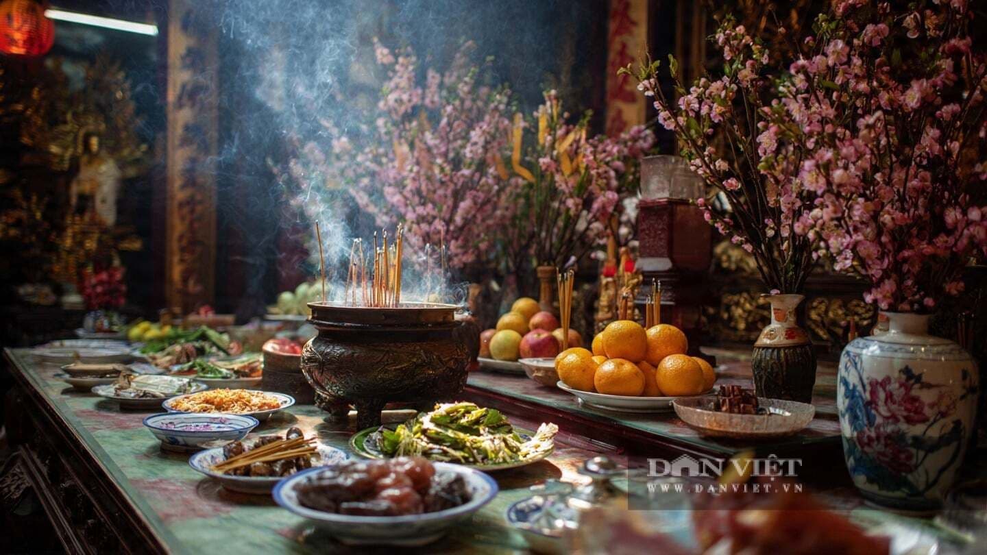 Bàn thờ gia tiên với hương khói nghi ngút và lễ vật trang trọng trong ngày Rằm tháng Giêng.