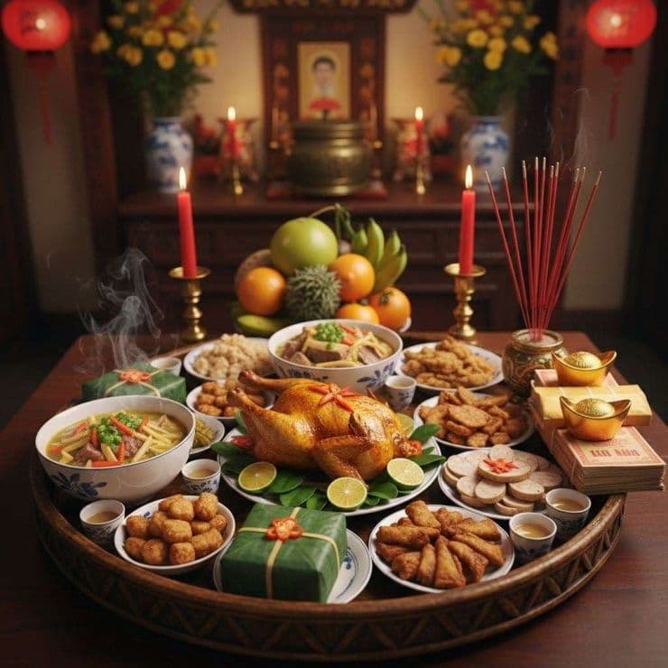 Bàn thờ gia tiên với mâm cỗ cúng đầy đủ, chuẩn bị cho nghi lễ văn khấn và hóa vàng mùng 3 Tết