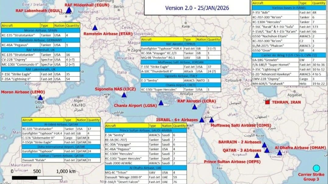 Bản đồ thể hiện sự hiện diện quân sự của Mỹ và đồng minh ở Trung Đông, tạo áp lực lên Iran.