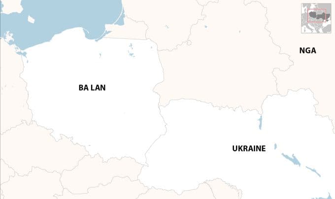 Bản đồ thể hiện vị trí Ba Lan, Nga và Ukraine, minh họa khu vực UAV Nga xâm phạm không phận NATO.